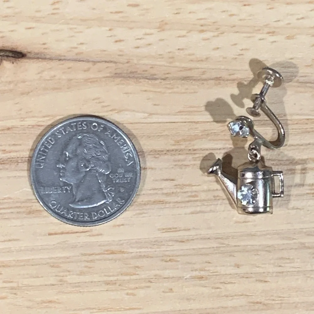 Vintage Watering Can Single Earring Women Silver Tone Rhinestone Gardening